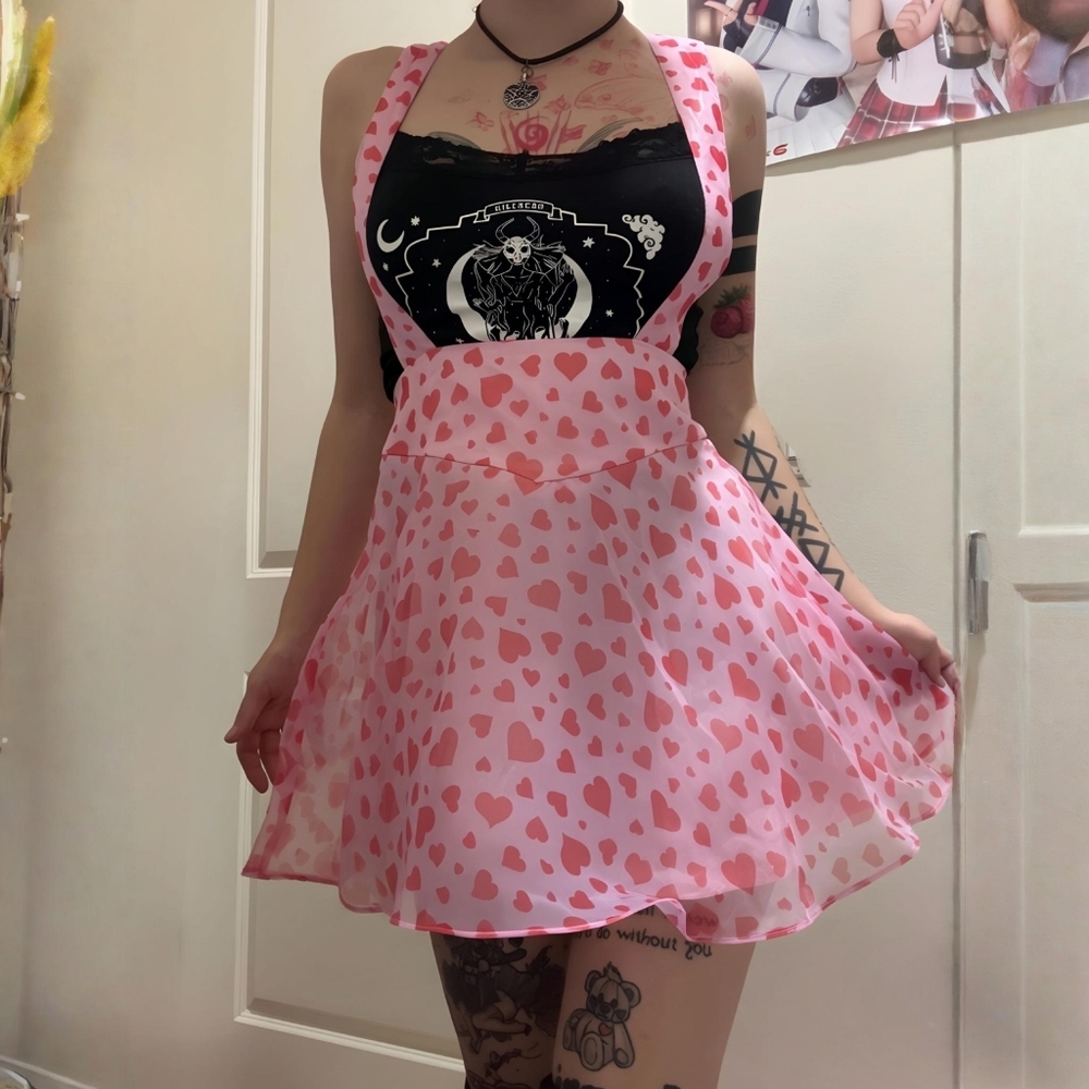 Sugar Thrillz ✦ Love Surrounds Me Pinafore Skirt ✦ Pink Hearts Organza S EUC